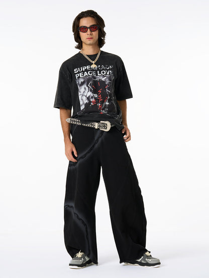 Chain Print Raw Edge Washed Wide-Leg Jeans