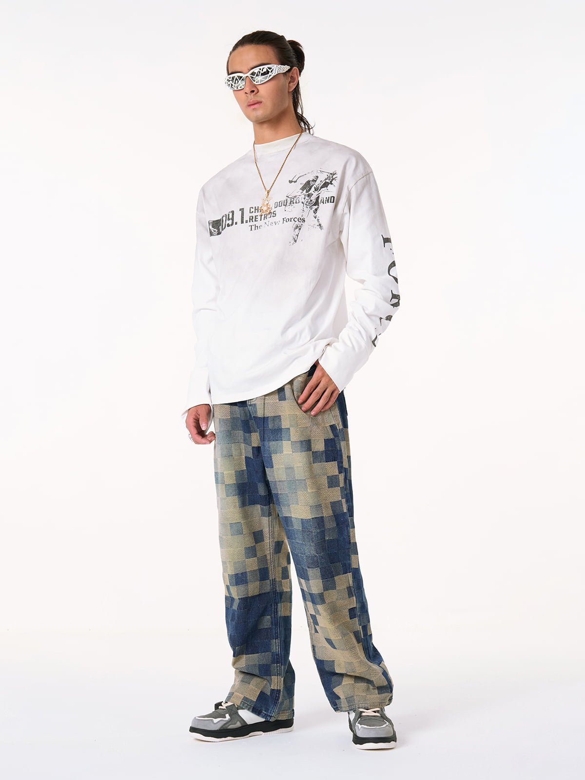 Thesupermade Checkerboard Jacquard Wide Leg Jeans - 2193