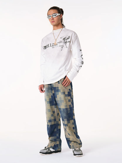 Thesupermade Checkerboard Jacquard Wide Leg Jeans - 2193