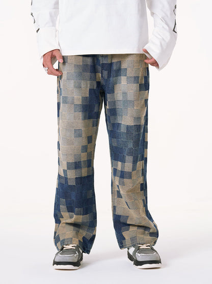 Thesupermade Checkerboard Jacquard Wide Leg Jeans - 2193