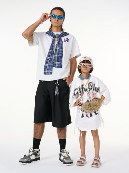 Detachable Badge Hooded Plaid Cape T-shirt