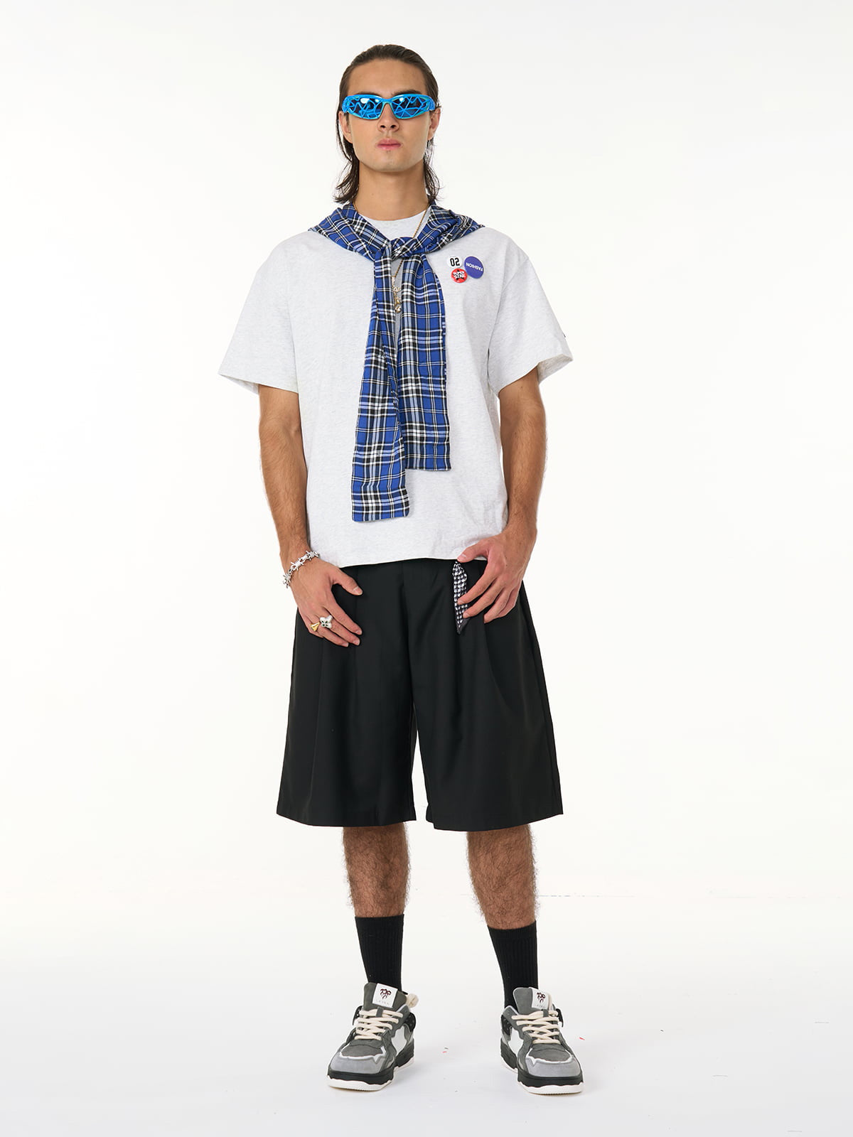 Detachable Badge Hooded Plaid Cape T-shirt