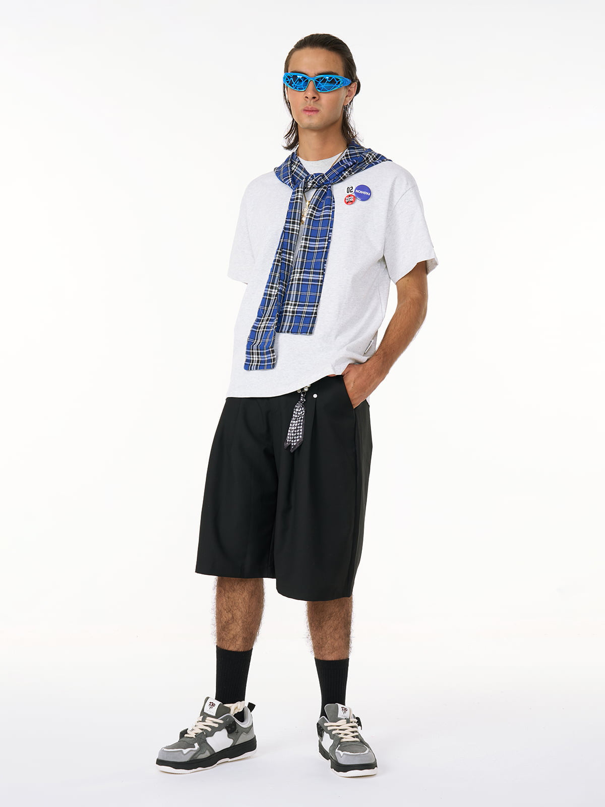 Detachable Badge Hooded Plaid Cape T-shirt