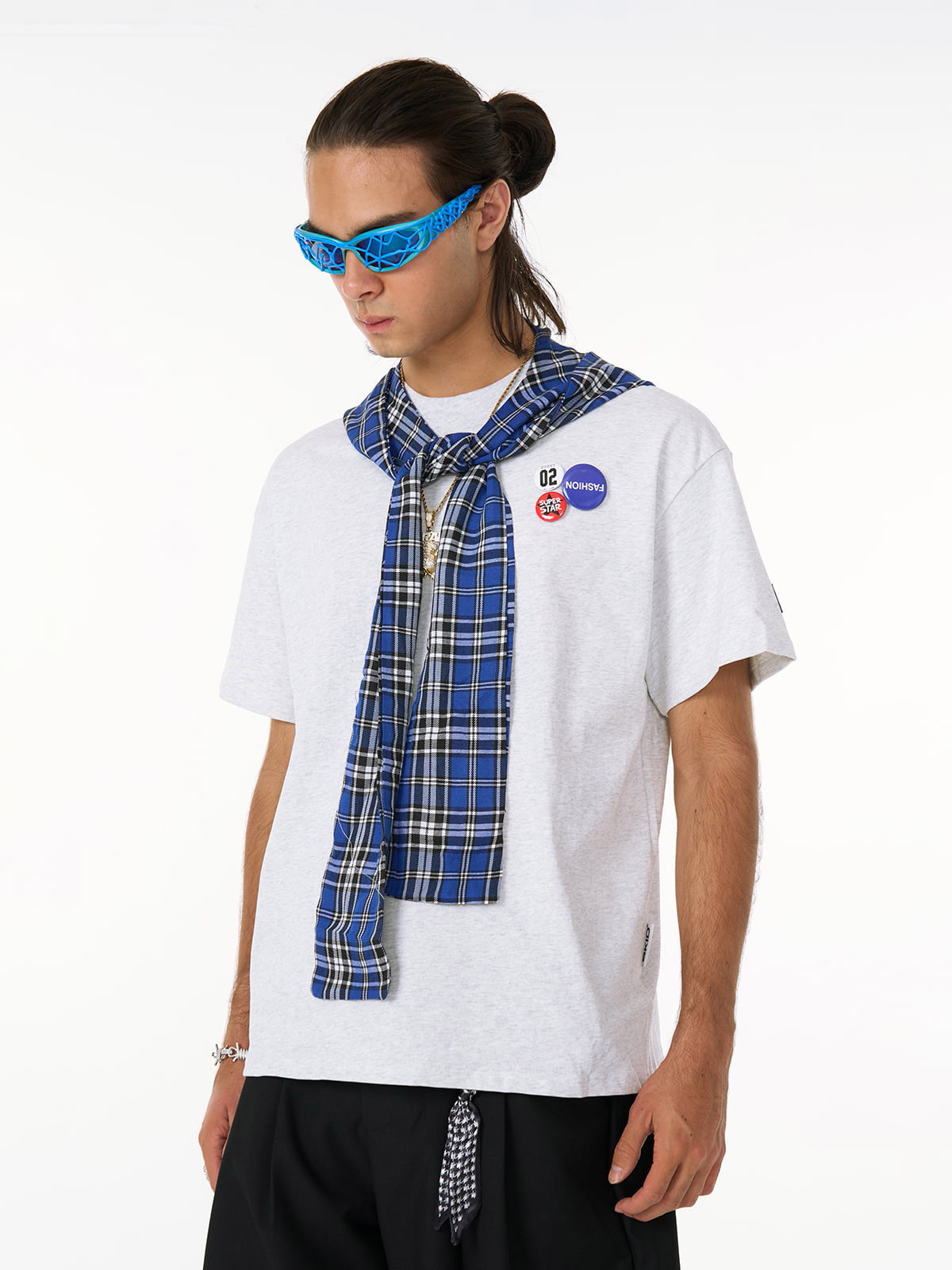 Detachable Badge Hooded Plaid Cape T-shirt