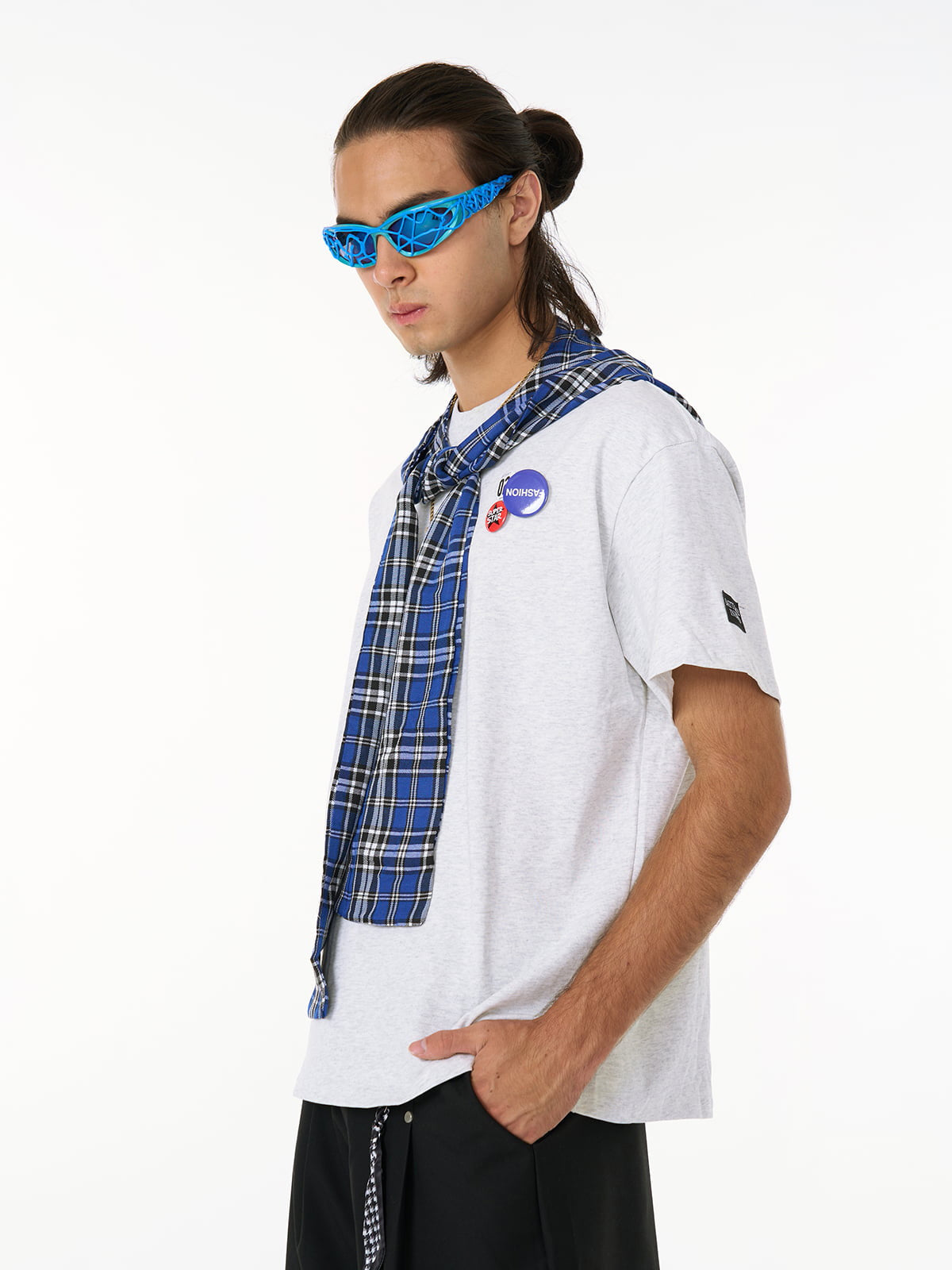 Detachable Badge Hooded Plaid Cape T-shirt