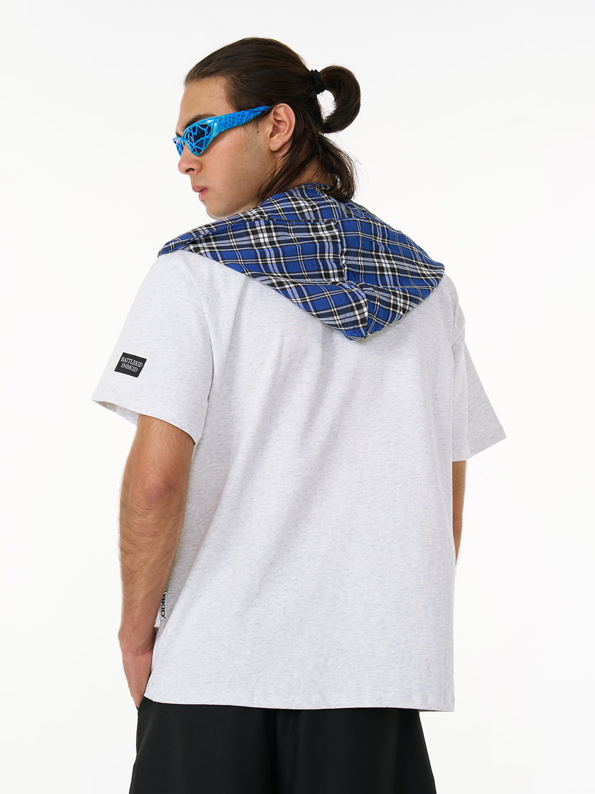 Detachable Badge Hooded Plaid Cape T-shirt