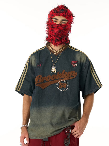 Vintage Distressed Washed Gradient Denim T-shirt