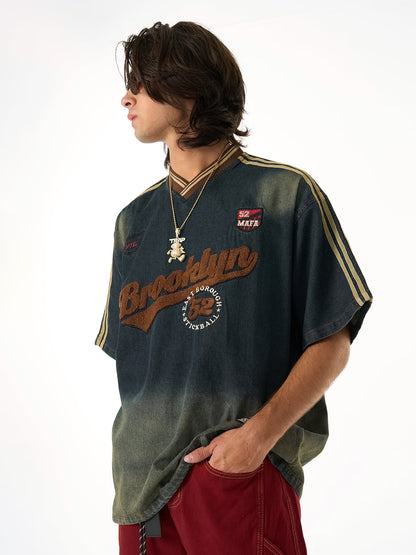 Vintage Distressed Washed Gradient Denim T-shirt