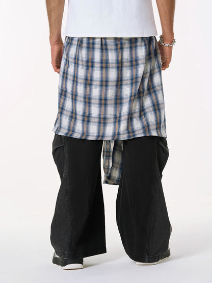 Faux Two-piece Plaid Detachable Scimitar Jeans - 2435