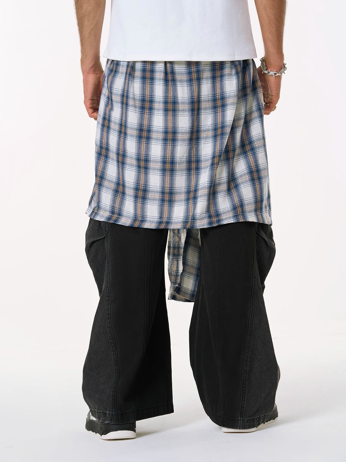 Faux Two-piece Plaid Detachable Scimitar Jeans - 2435