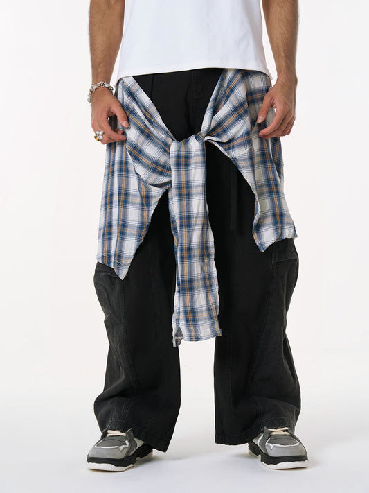 Faux Two-piece Plaid Detachable Scimitar Jeans - 2435