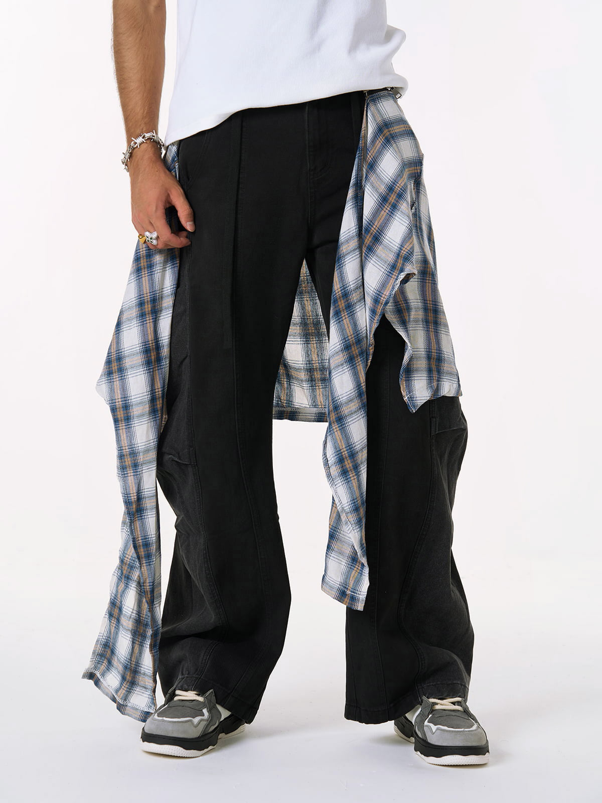 Faux Two-piece Plaid Detachable Scimitar Jeans - 2435