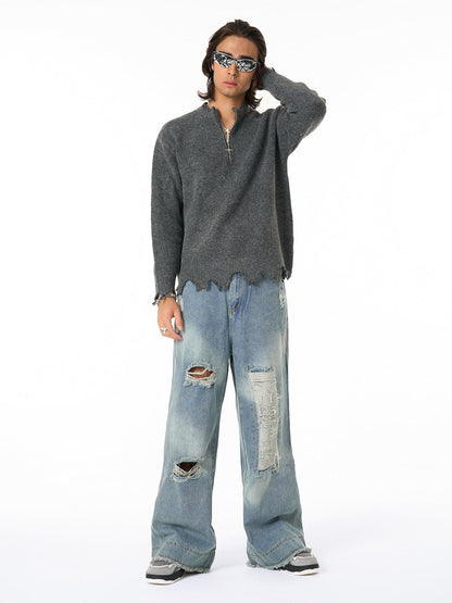 Distressed Quarter Zip Sweater