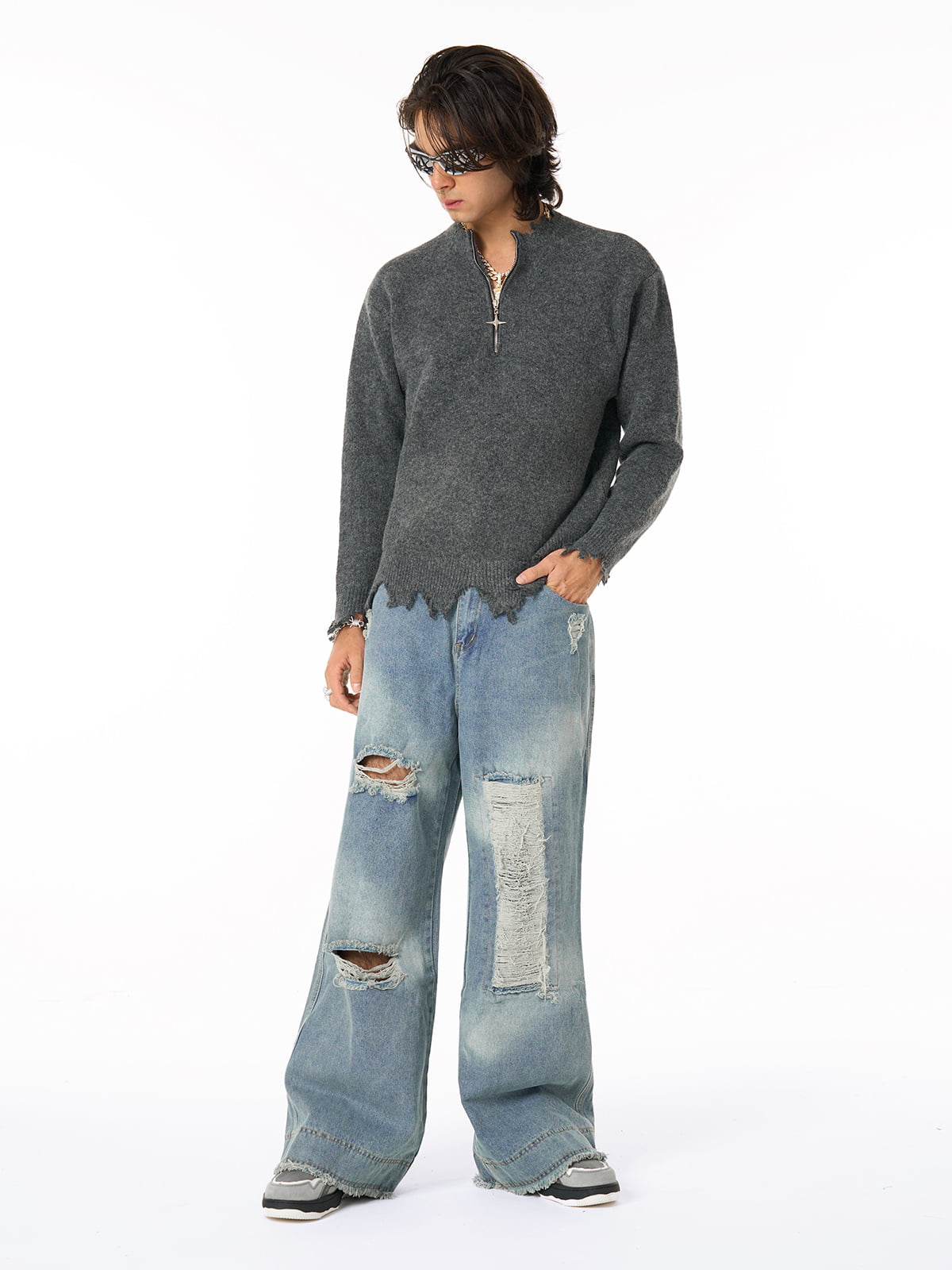 Distressed Quarter Zip Sweater