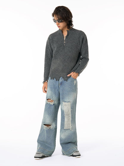 Distressed Quarter Zip Sweater