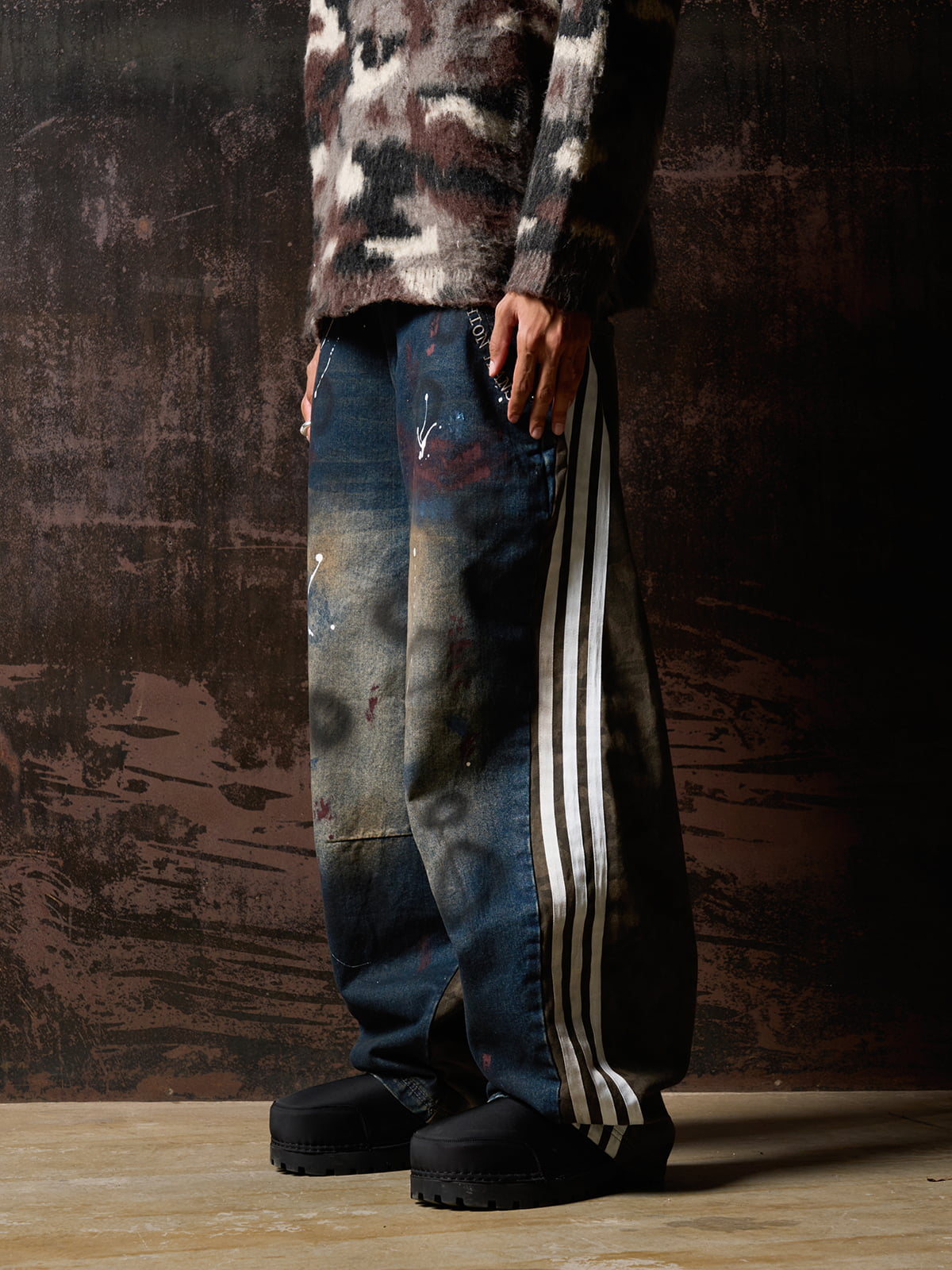 Washed Stripe Patchwork Totem Print Baggy Jeans