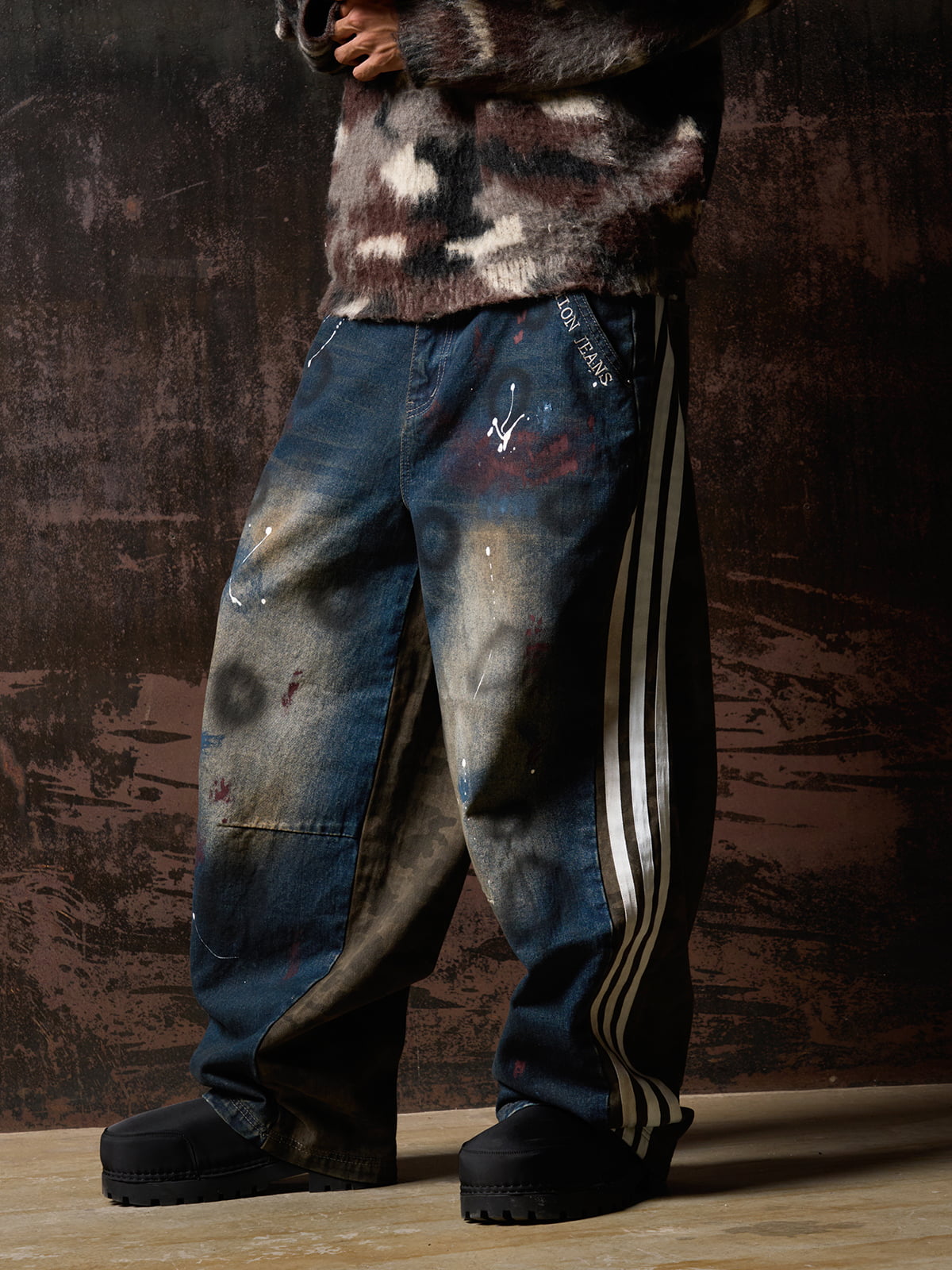 Washed Stripe Patchwork Totem Print Baggy Jeans