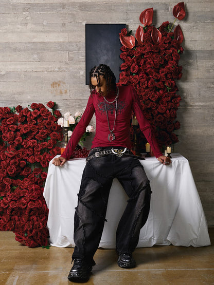 Dark Style Printed Slim Mesh Long Sleeves T-Shirt