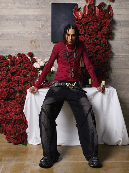 Dark Style Printed Slim Mesh Long Sleeves T-Shirt