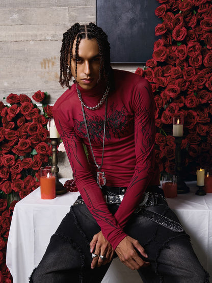 Dark Style Printed Slim Mesh Long Sleeves T-Shirt