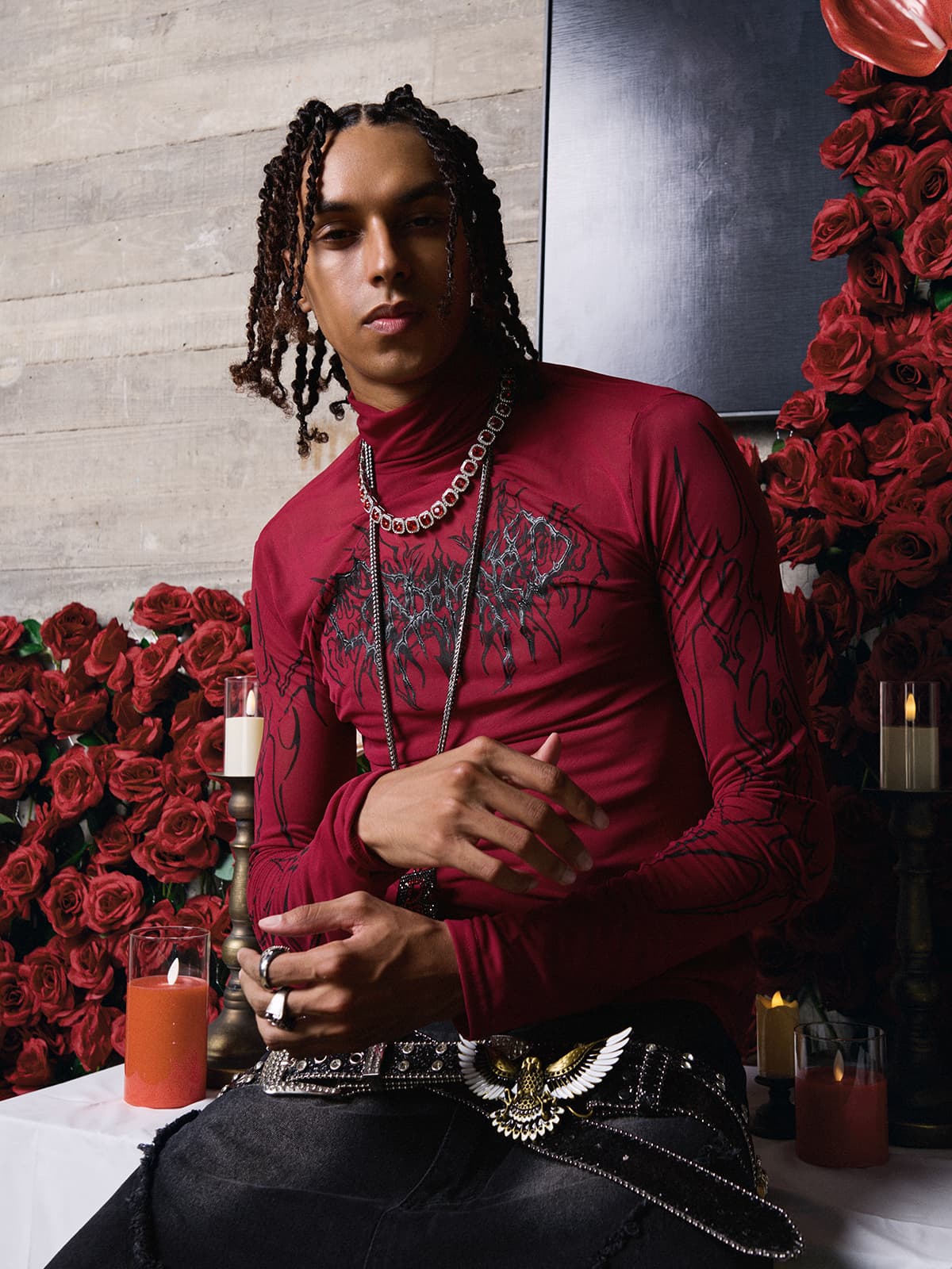 Dark Style Printed Slim Mesh Long Sleeves T-Shirt