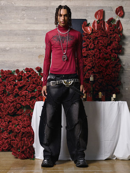 Dark Style Printed Slim Mesh Long Sleeves T-Shirt