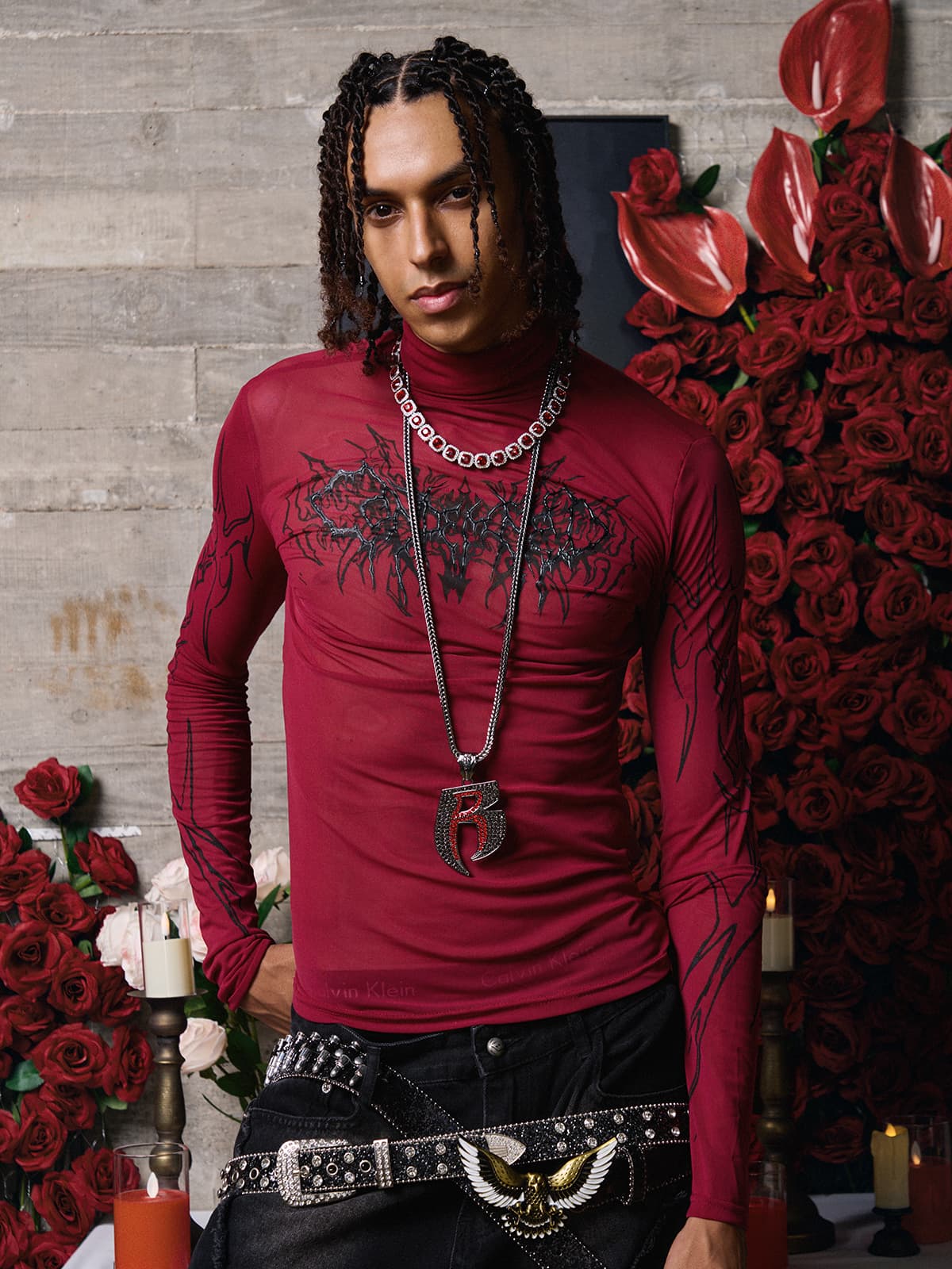 Dark Style Printed Slim Mesh Long Sleeves T-Shirt