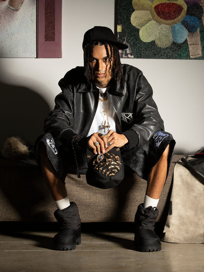 SUPM Fur Collar Rhinestone Pattern Leather Jacket