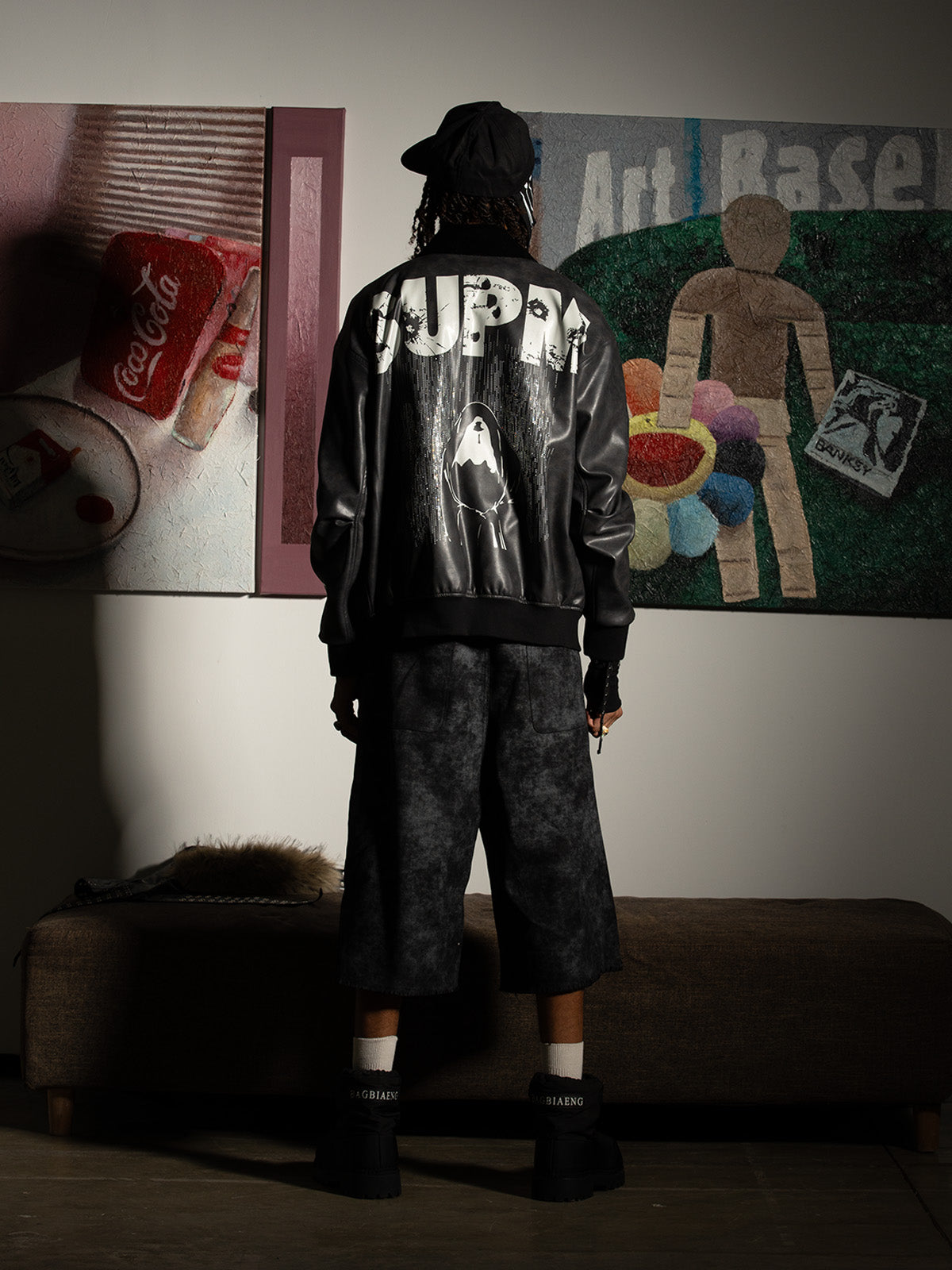 SUPM Fur Collar Rhinestone Pattern Leather Jacket