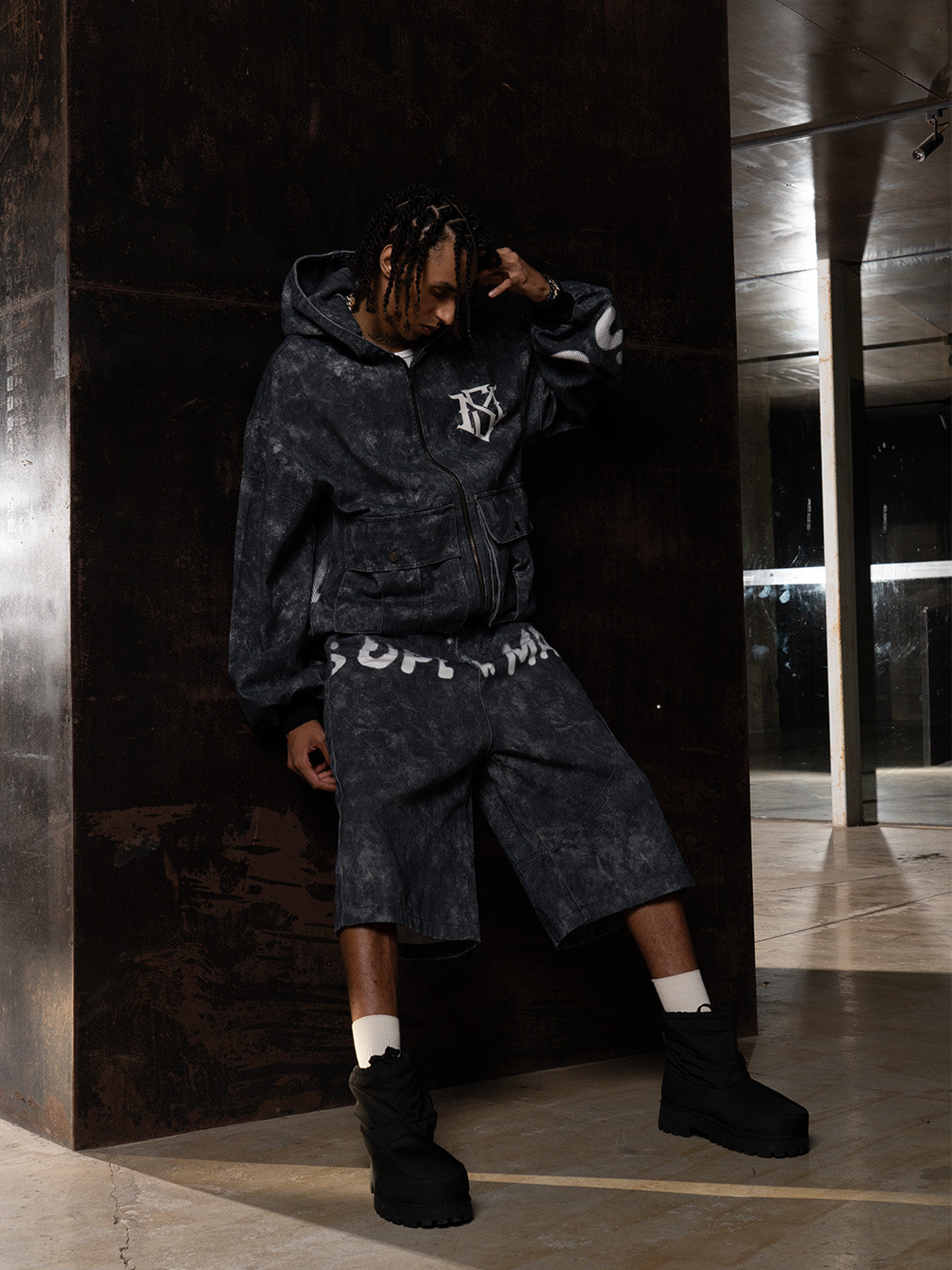 Original Oversized Denim Hoodie And Shorts Set