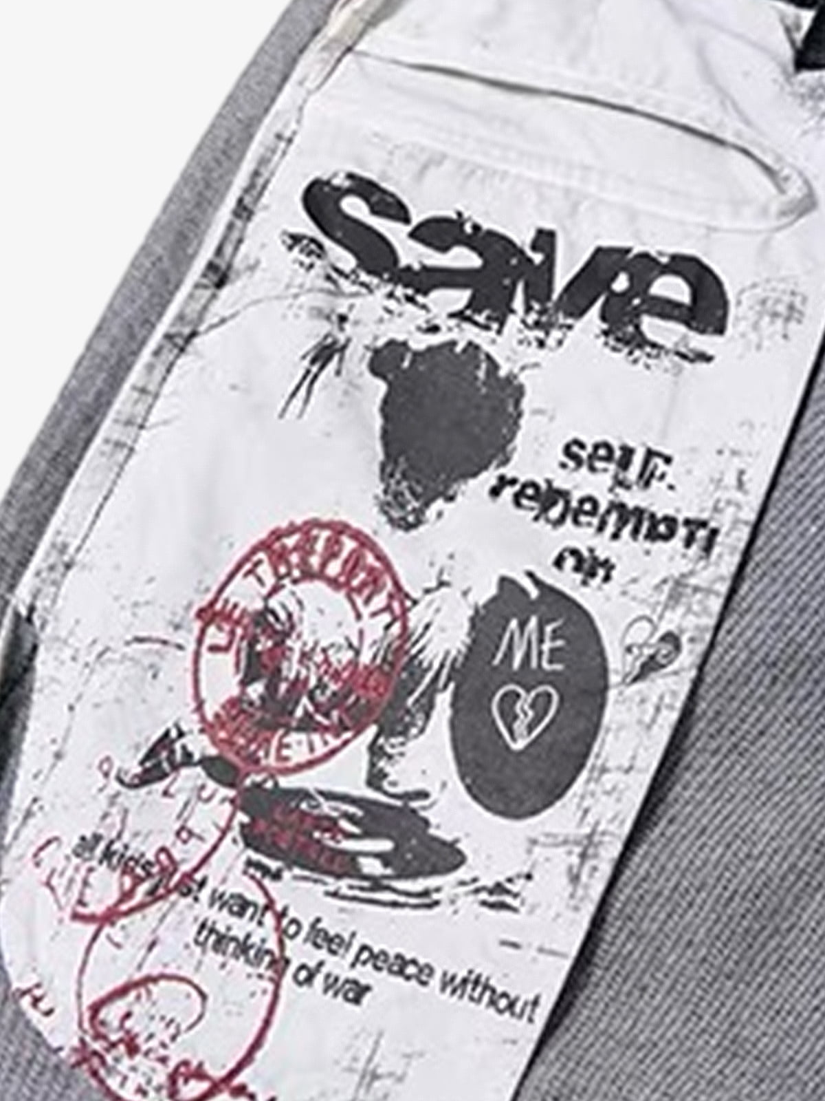 Stylish Wide-Leg Denim Trousers with Graphic Patches and Side Stripes