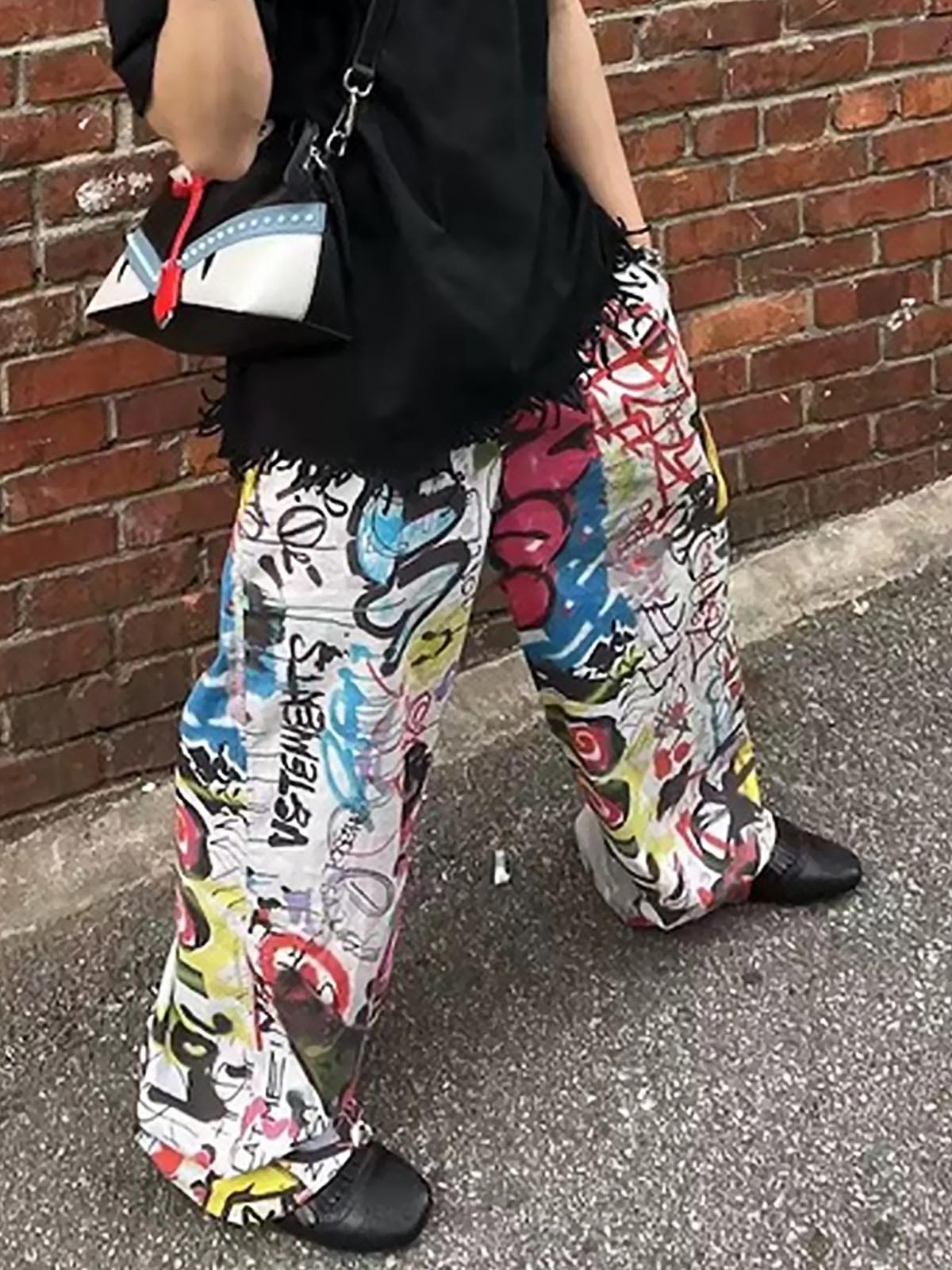 Graffiti Print Wide-Leg Pants for Urban Street Style