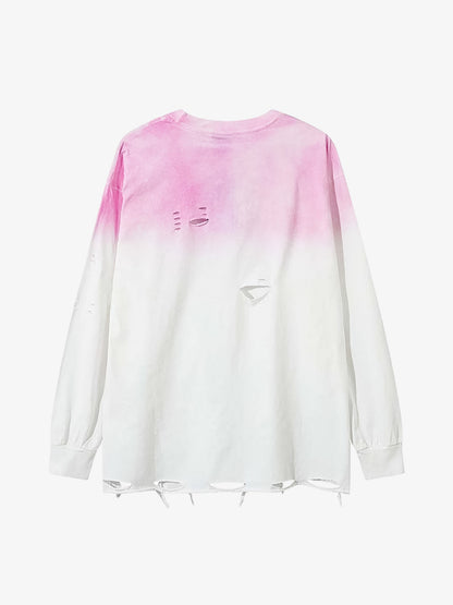 Gradient Hole Contrast Color Long Sleeve T-shirt