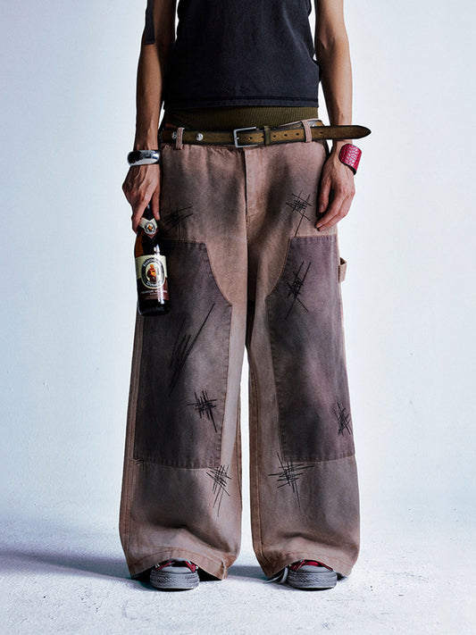 Thesupermade Scratched Patchwork Distressed Embroidered Work Jeans