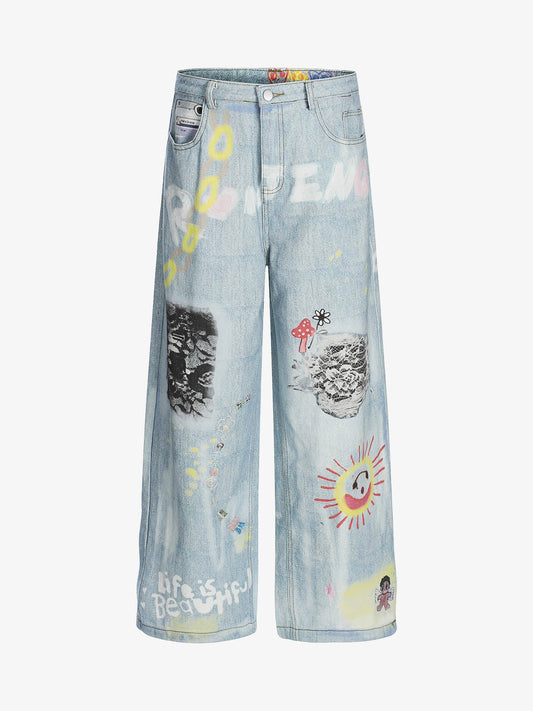 Artistic Wide-Leg Jeans with Unique Hand-Painted Designs for Women