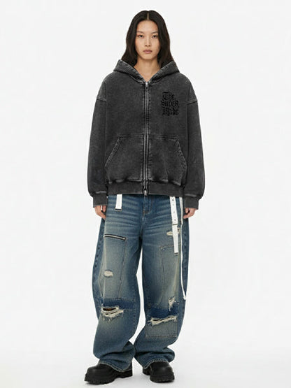 Thesupermade Washed Gray Distressed Double Zipper Cardigan Hooded Sweatshirt Sketch Skull Clock