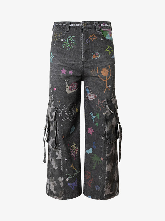 Thesupermade Graffiti Print Cold Transfer Camouflage Layered Cargo Jeans