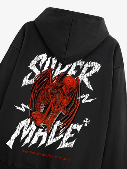 Distressed Graphic Hoodie with Bold Angel Wings Design for Men