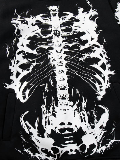 Street Washed Distressed Dark Skeletons Print Hoodie