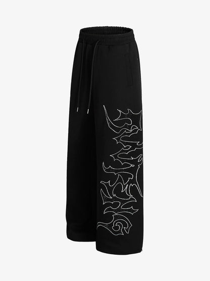 Stylish Black Wide-Leg Pants with Unique Embroidered Design for Casual Wear