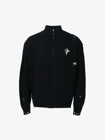 Stylish Star-Embellished Zip-Up Knit Sweater for Casual Elegance