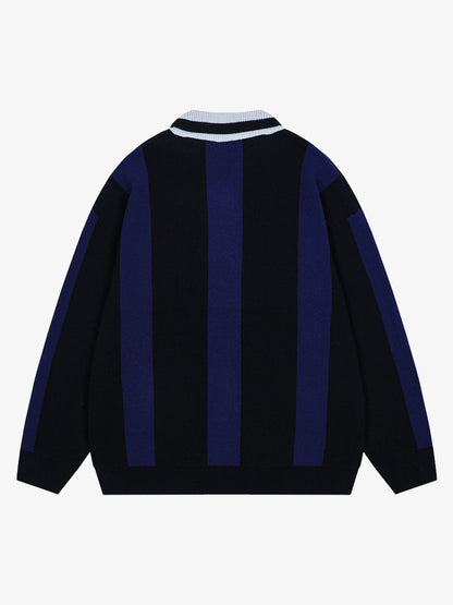 Vertical Striped Colorblock Lapel Sweater