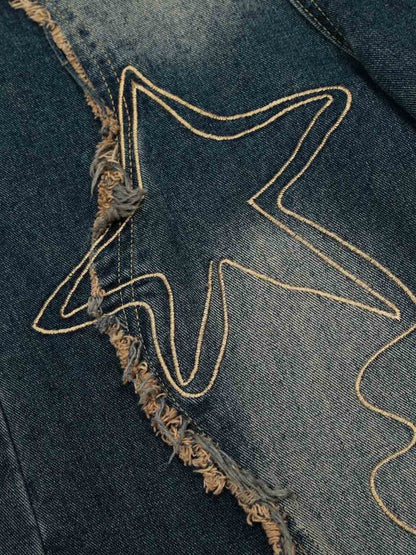 Distressed Denim Jeans with Embroidered Celestial Motifs for Women
