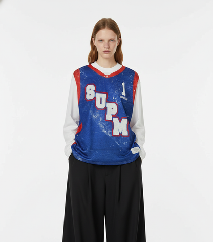 Vintage Jersey-Style Faux Two-Piece Design Long Sleeve T-Shirt