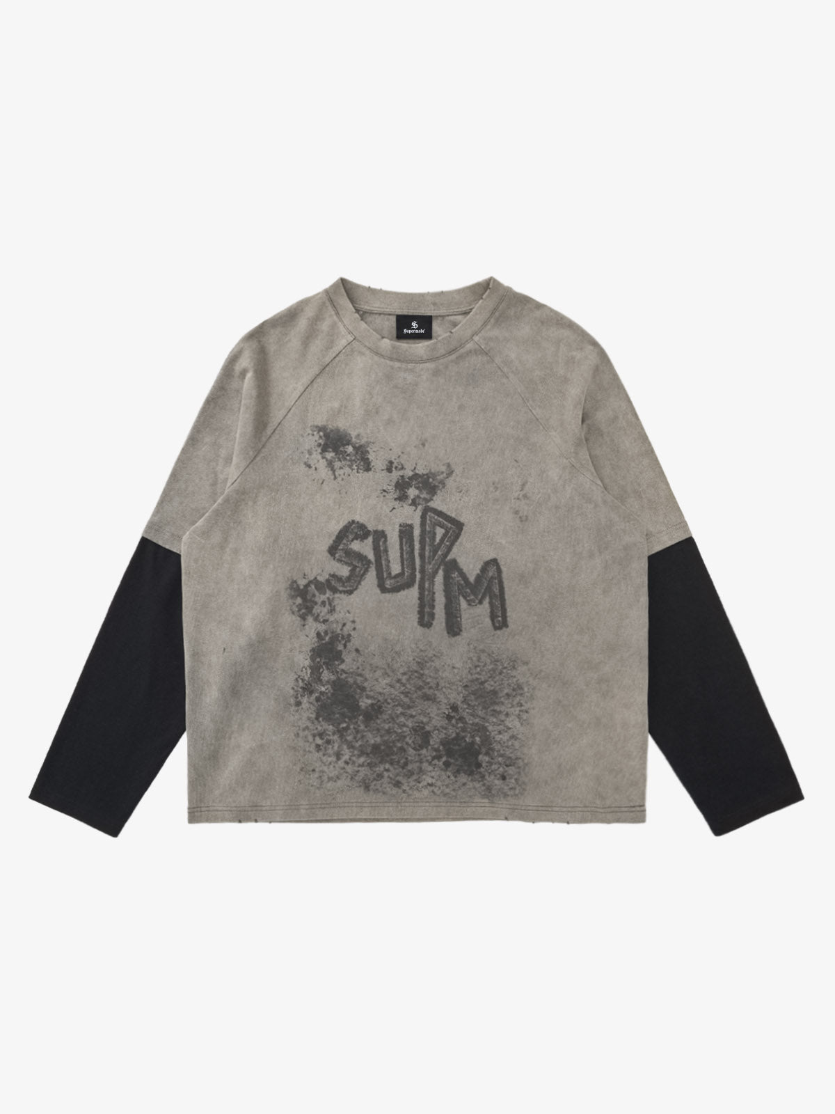 Washed Contrast Color Print Long Sleeve Cotton T-shirt