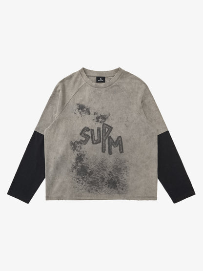 Washed Contrast Color Print Long Sleeve Cotton T-shirt