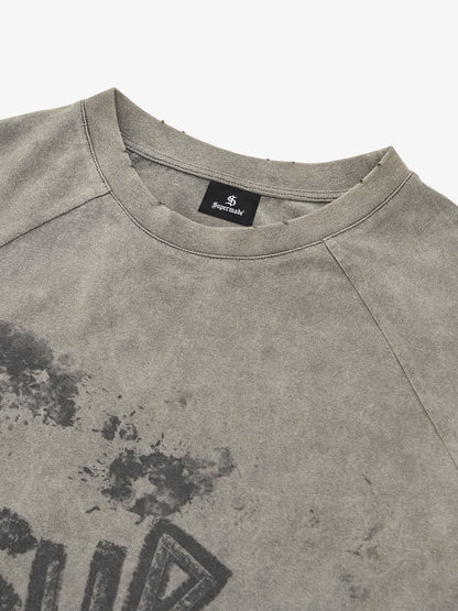 Washed Contrast Color Print Long Sleeve Cotton T-shirt