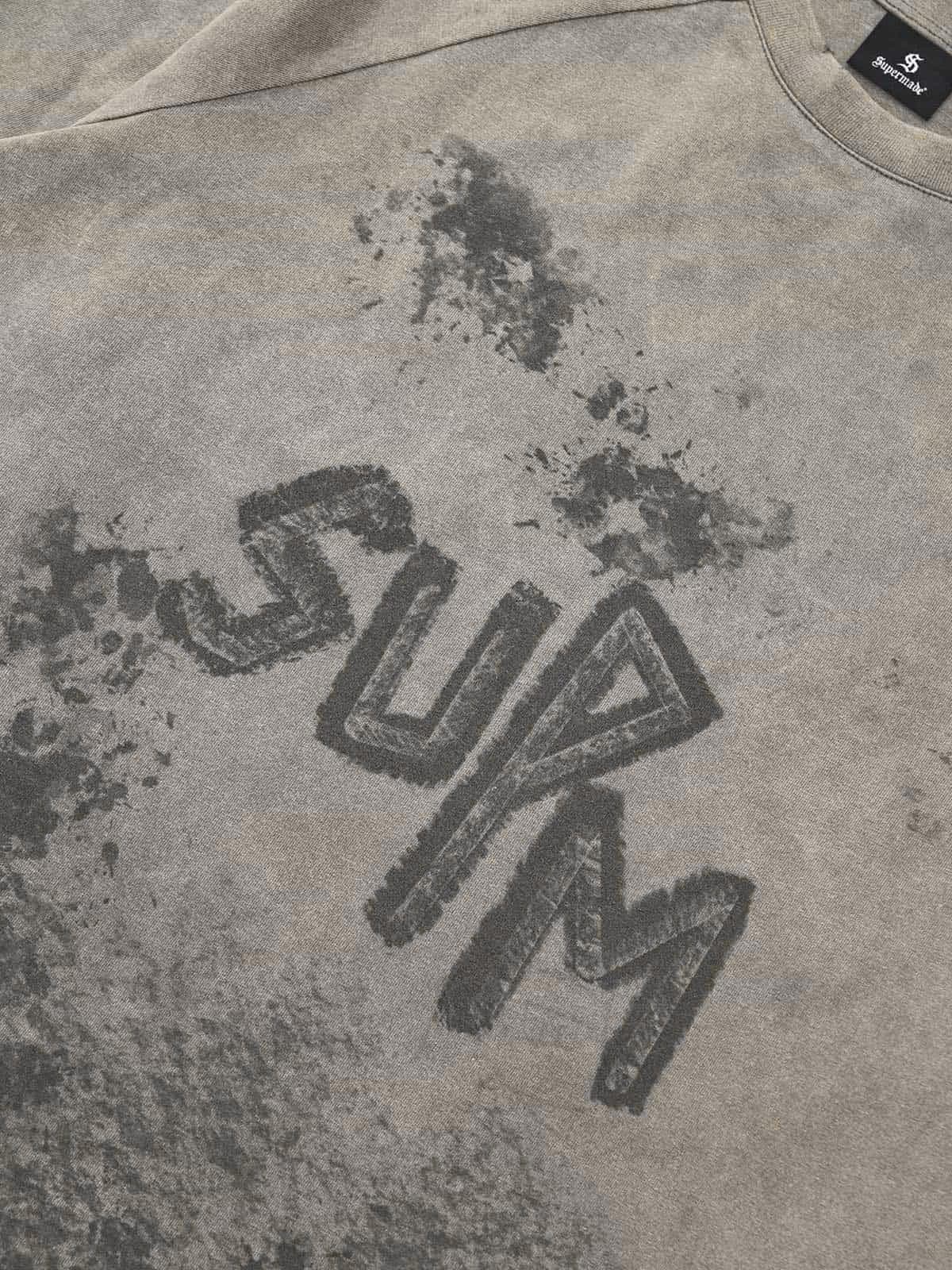 Washed Contrast Color Print Long Sleeve Cotton T-shirt