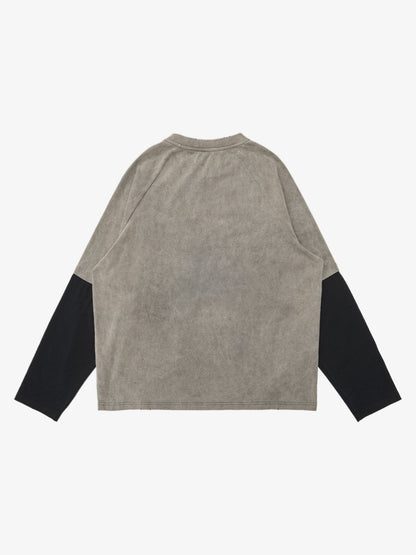 Washed Contrast Color Print Long Sleeve Cotton T-shirt
