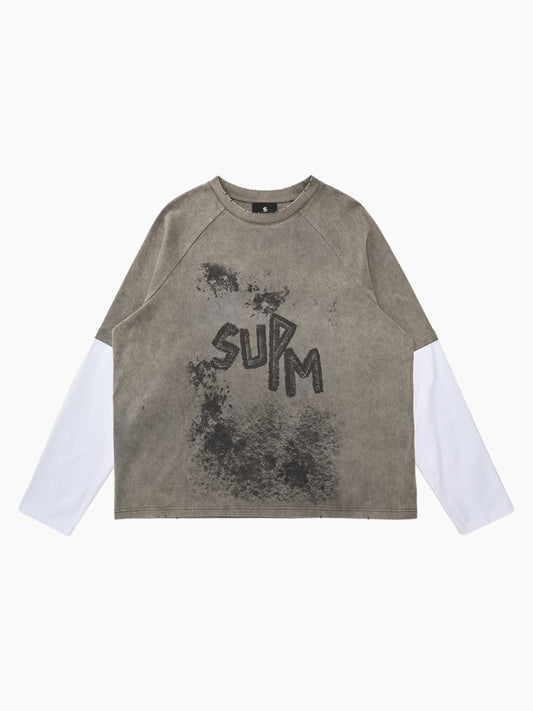 Original Retro Contrast Color Faux Two-Piece Long-Sleeved T-Shirt